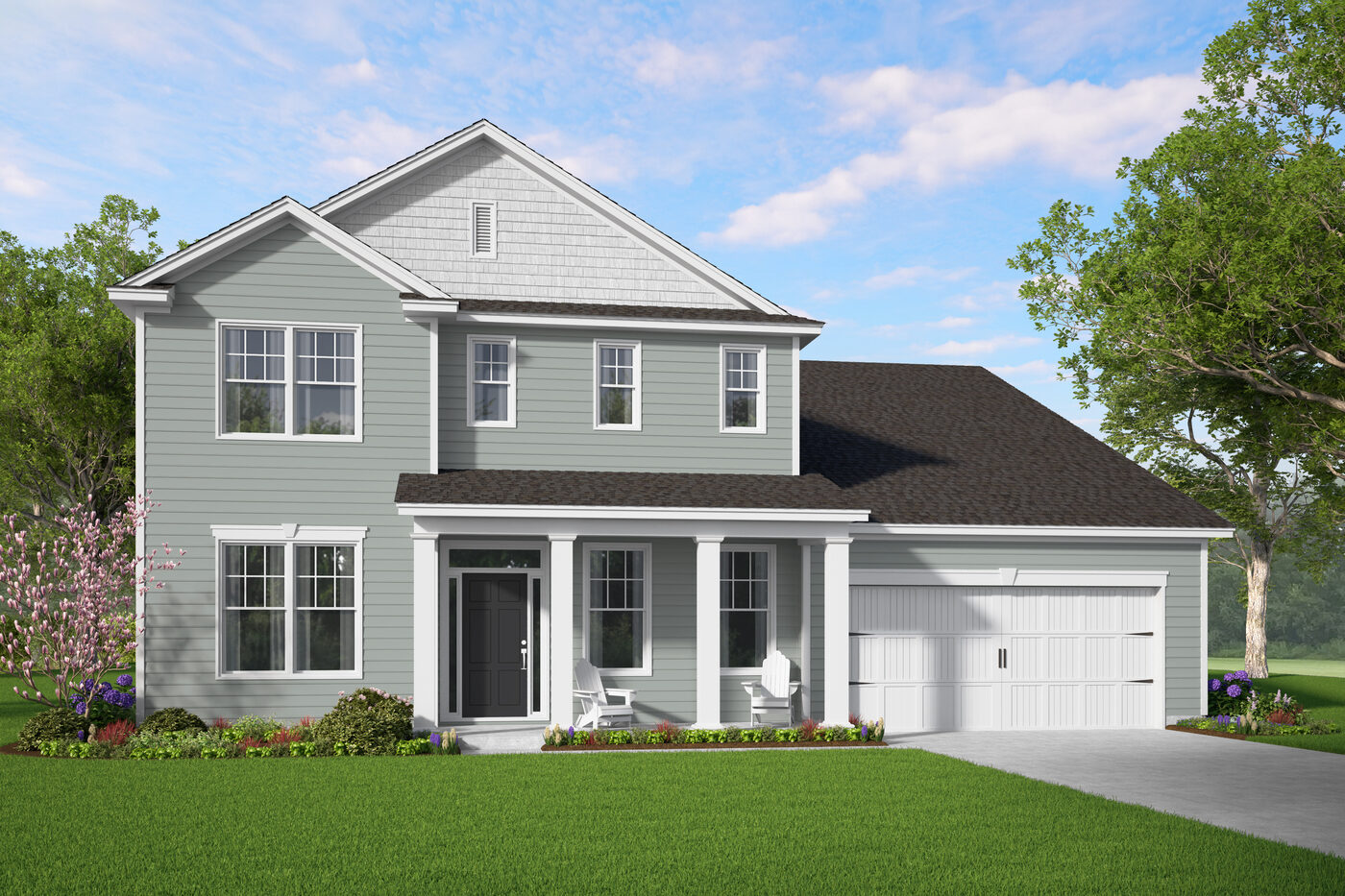 The Stonecrest Plan elevation at Covington Pointe — a two-story Smith Family Homes house with a covered front porch, gabled roofline and a two-car garage
