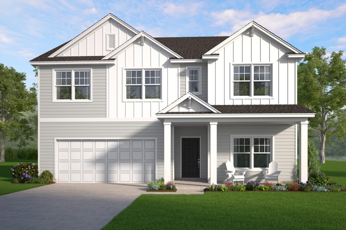 The Magnolia Plan elevation at Majestic Oaks — a two-story Smith Family Homes house with board-and-batten gables, a covered front porch and a two-car garage