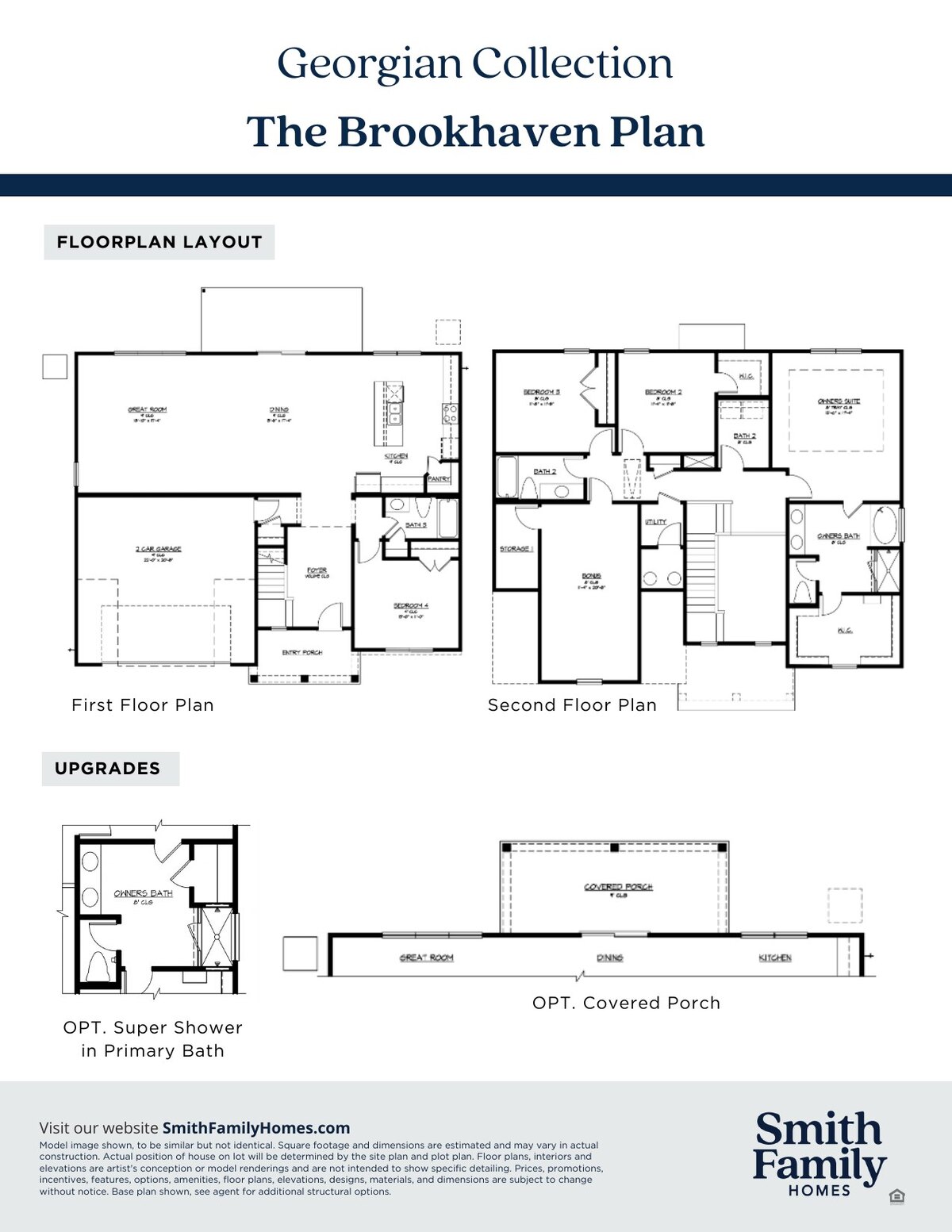 Floor plan layout sheet for the Brookhaven Plan showing the first and second floor plans and the available structural options