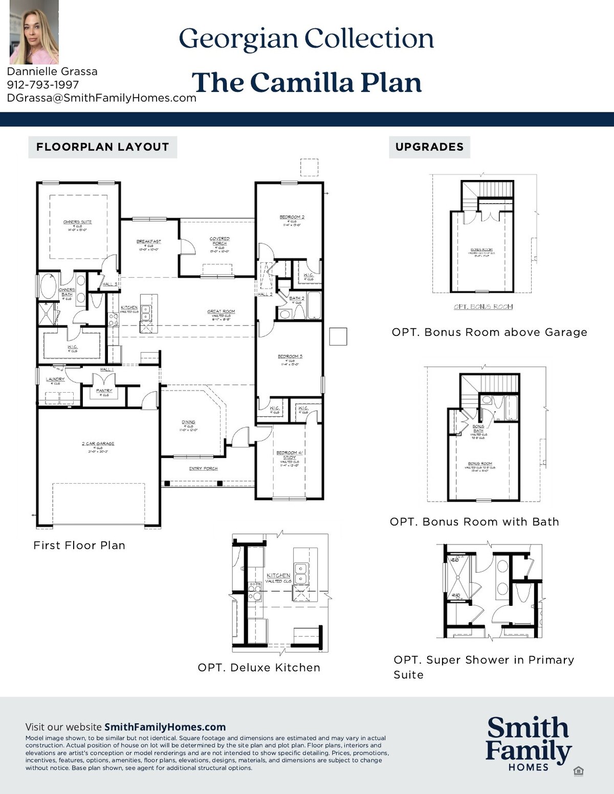 Floor plan layout sheet for the Camilla Plan showing the first and second floor plans and the available structural options