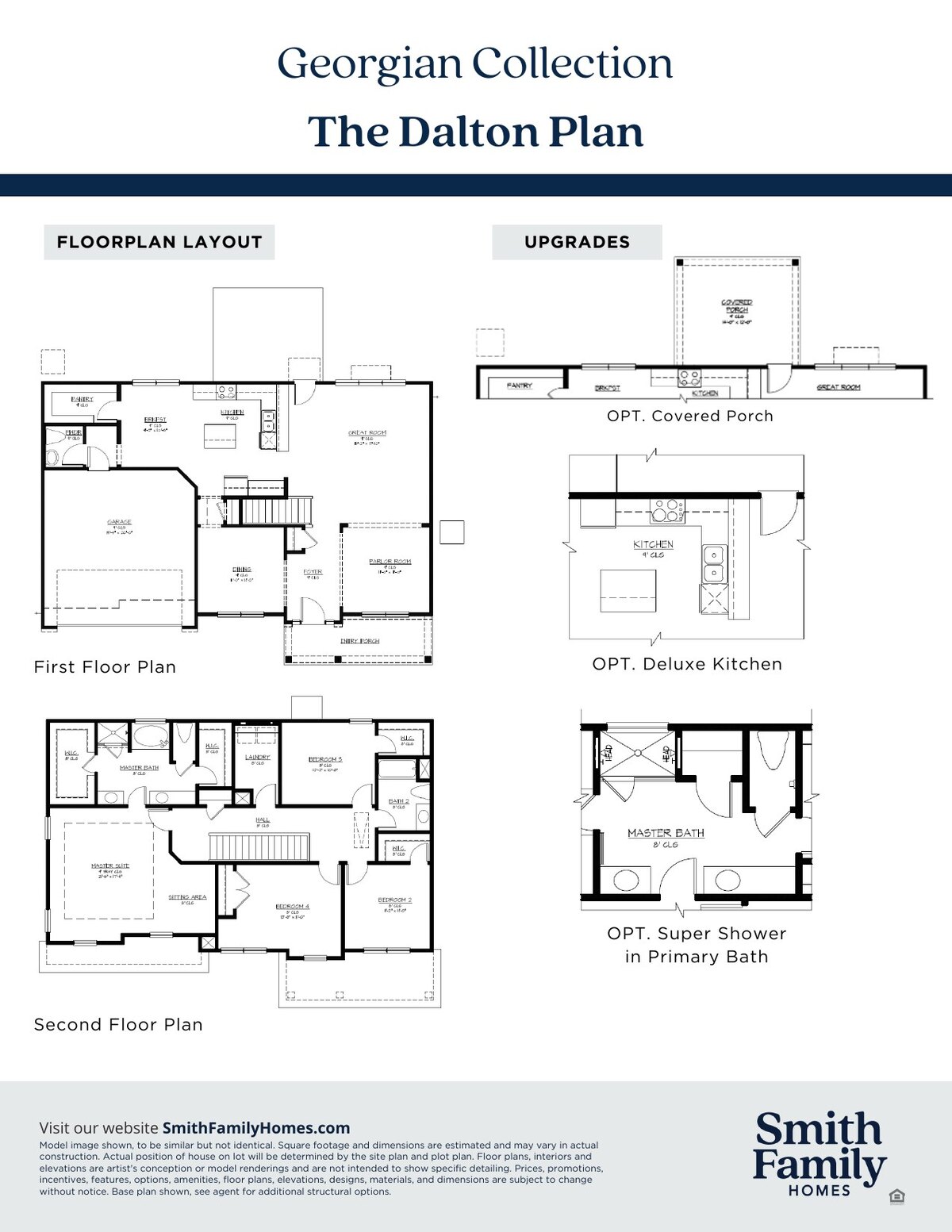 Floor plan layout sheet for the Dalton Plan showing the first and second floor plans and the available structural options