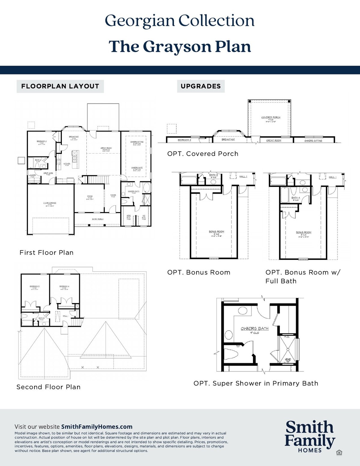 Floor plan layout sheet for the Grayson Plan showing the first and second floor plans and the available structural options
