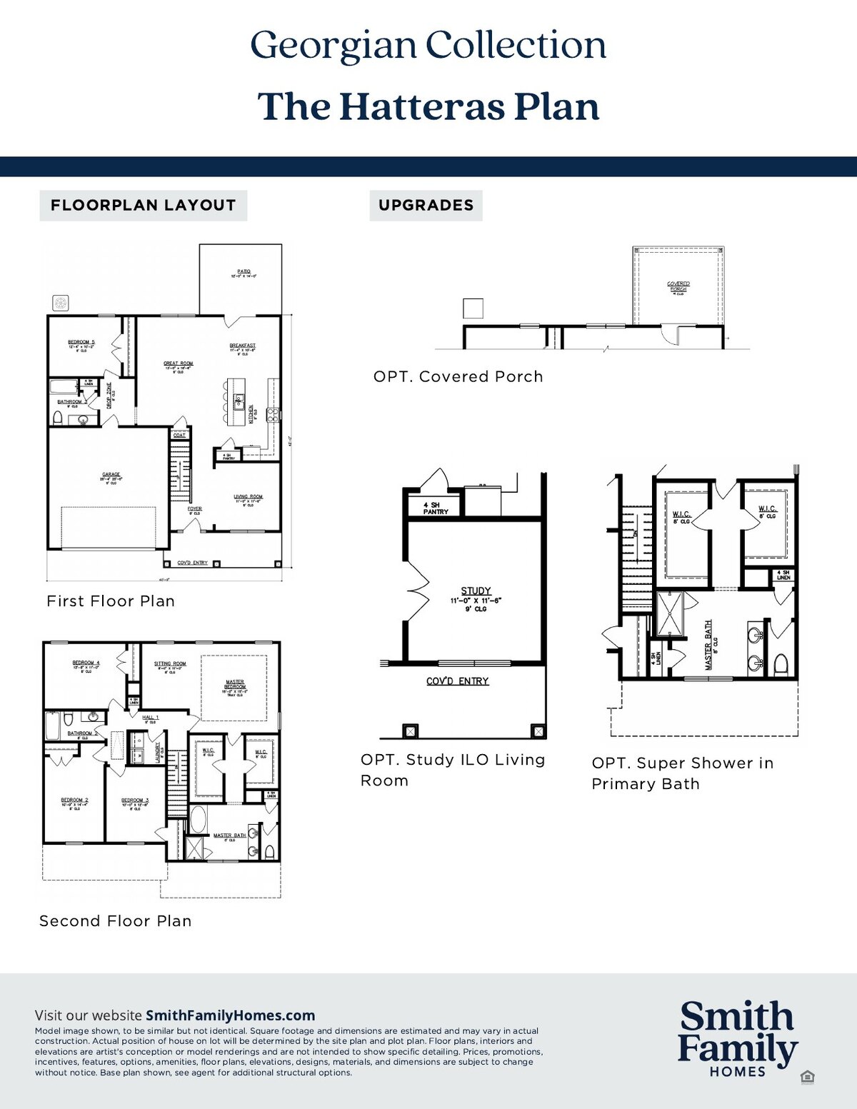 Floor plan layout sheet for the Hatteras Plan showing the first and second floor plans and the available structural options