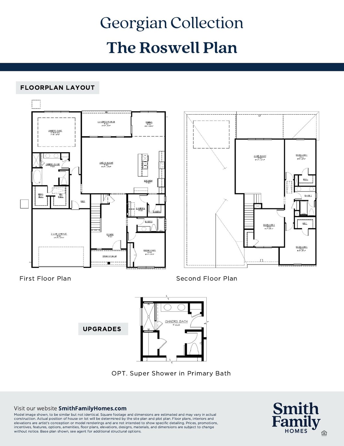 Floor plan layout sheet for the Roswell Plan showing the first and second floor plans and the available structural options