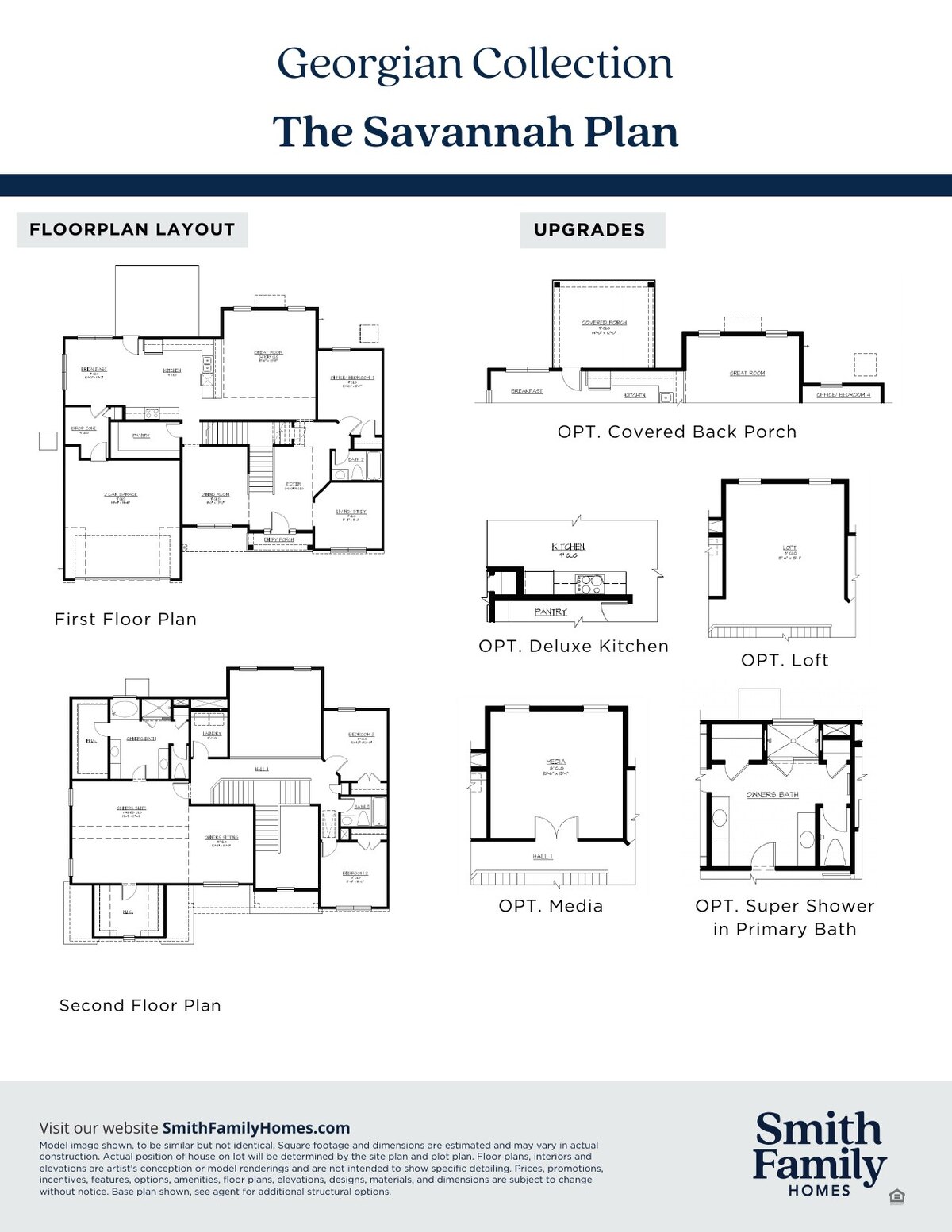 Floor plan layout sheet for the Savannah Plan showing the first and second floor plans and the available structural options
