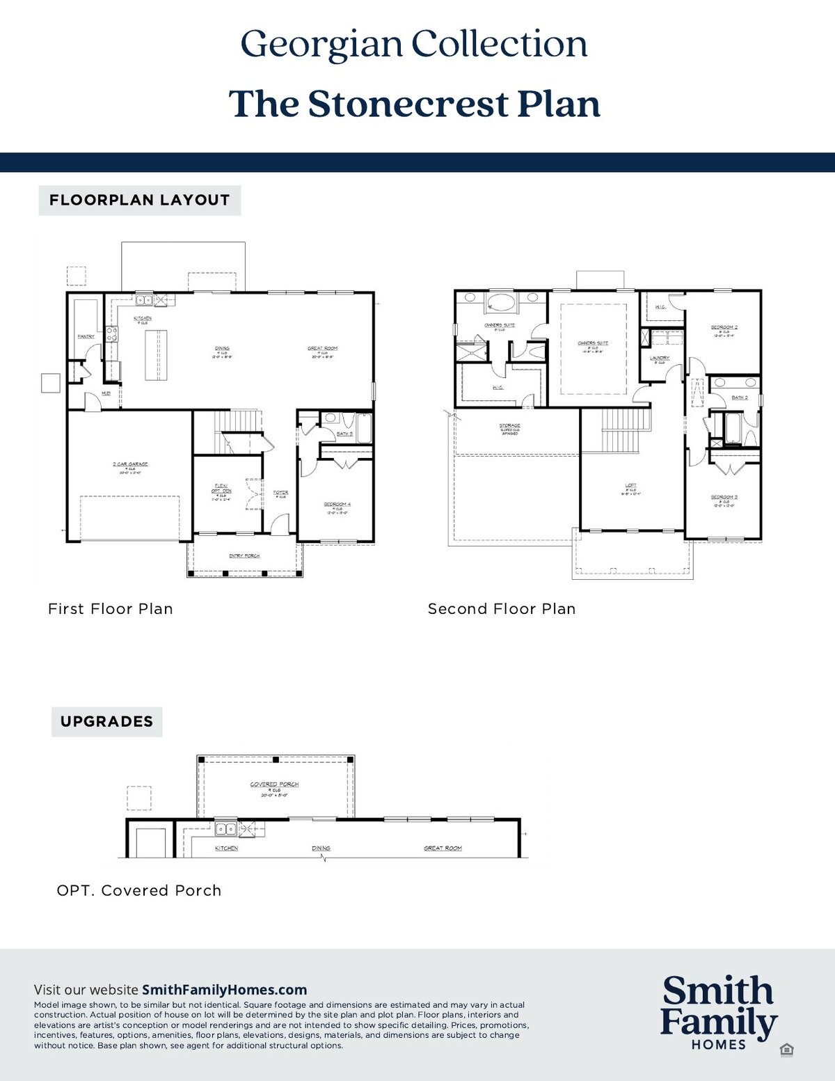 Floor plan layout sheet for the Stonecrest Plan showing the first and second floor plans and the available structural options