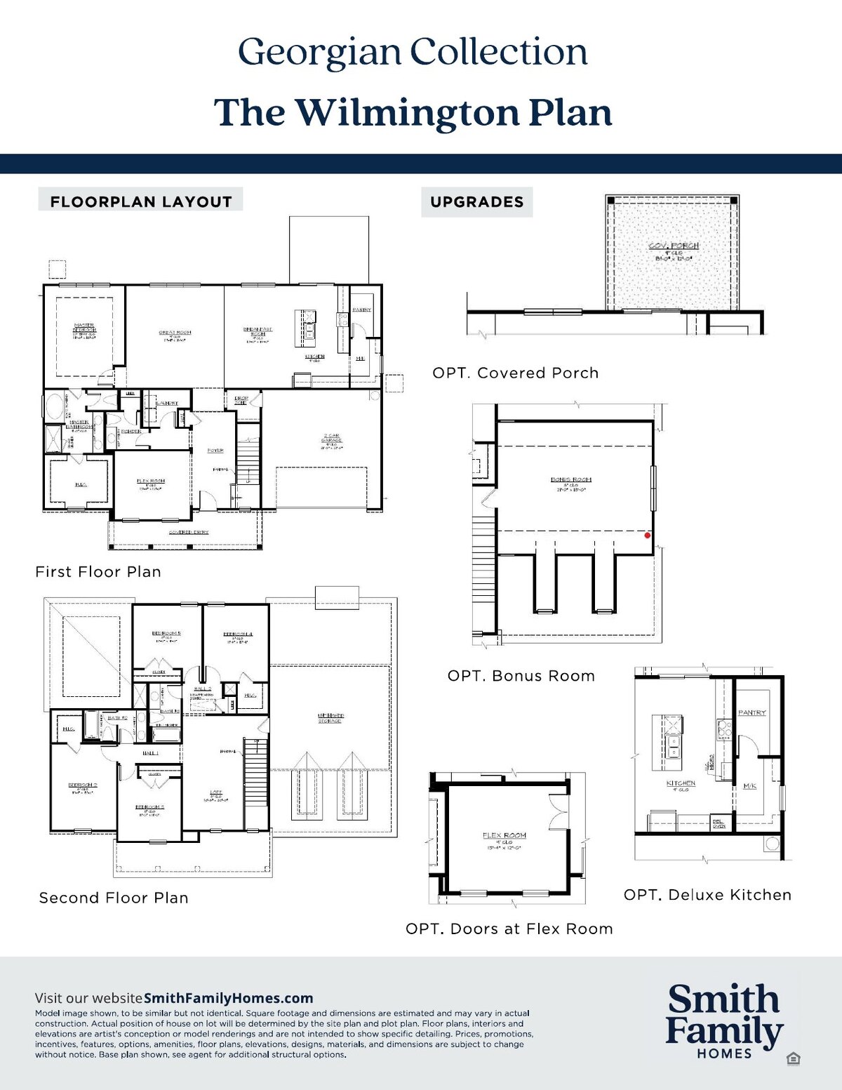 Floor plan layout sheet for the Wilmington Plan showing the first and second floor plans and the available structural options