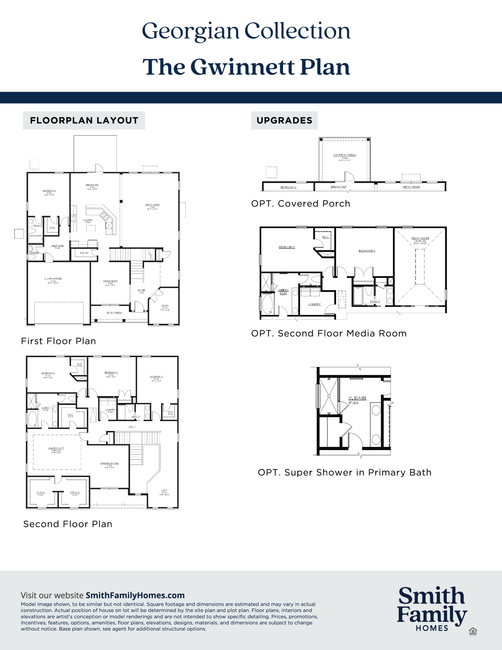 Second-floor plan drawing for the Gwinnett Plan showing bedroom, bath and media room layout