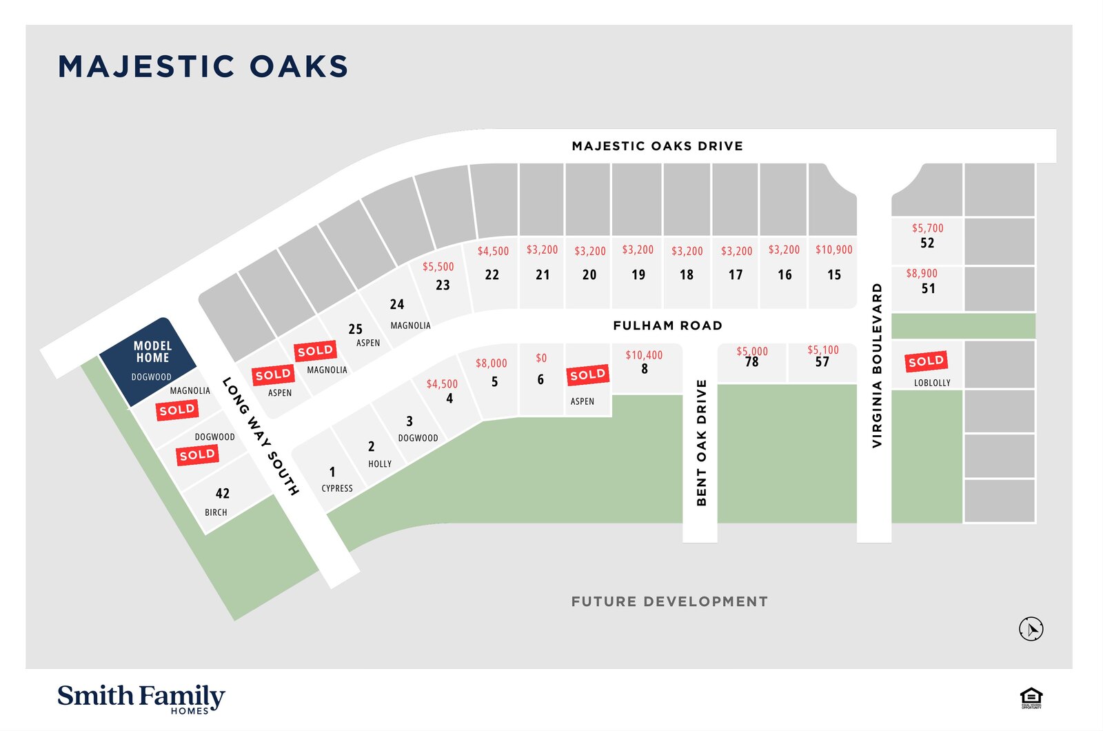 Site map of Majestic Oaks showing the lot layout across the community