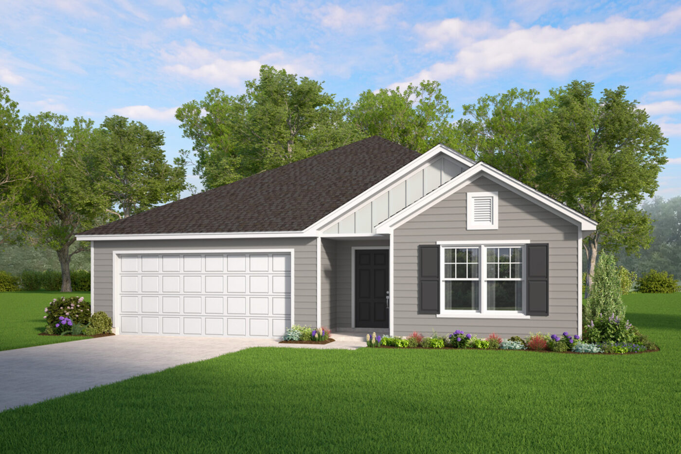 The Aspen Plan elevation rendering &mdash; a single-story Smith Family Homes house with 3 bedrooms, a covered entry and an attached two-car garage