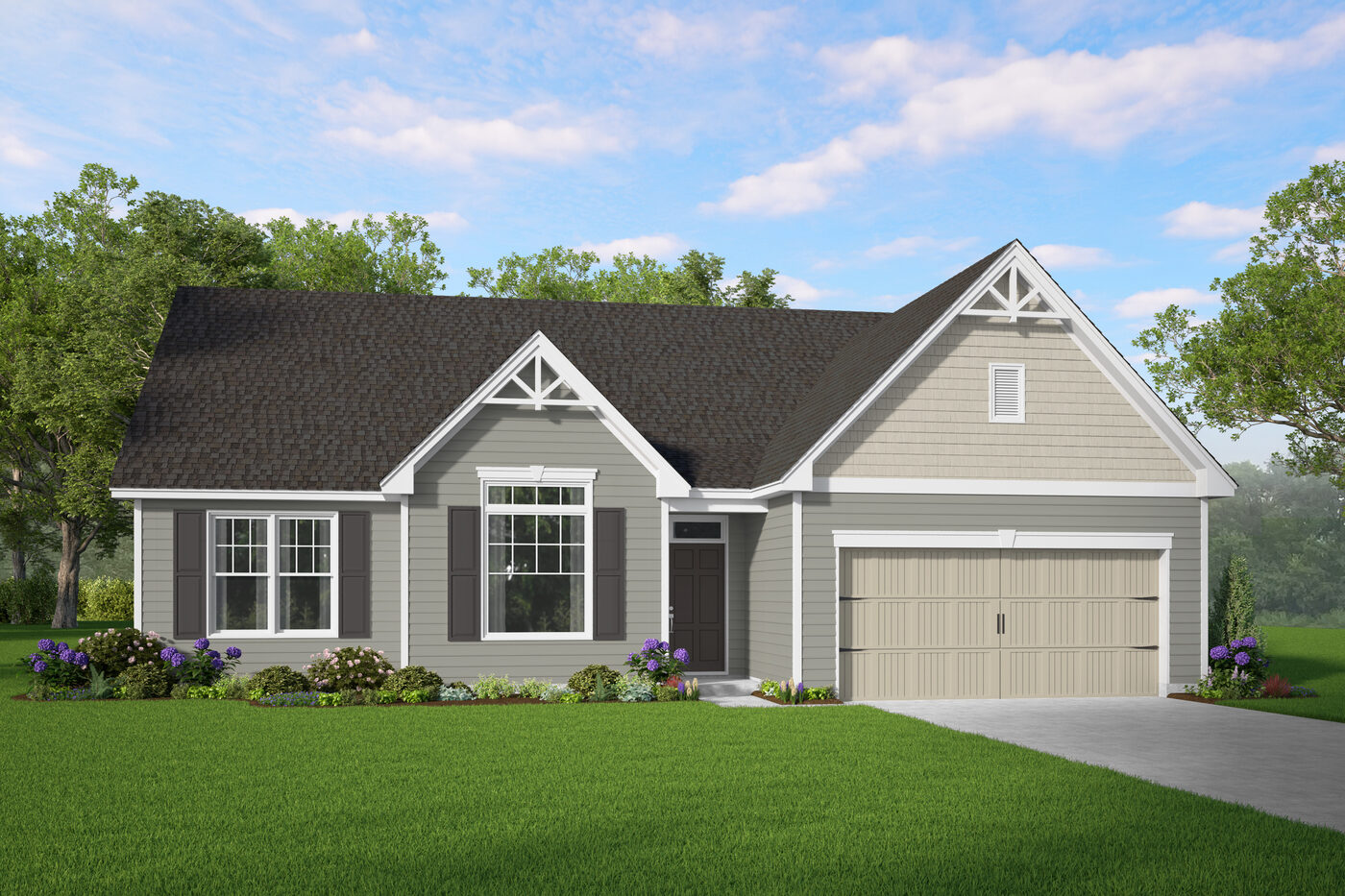 The Athens Plan elevation rendering &mdash; a single-story Smith Family Homes house with 3 bedrooms, a covered entry and an attached two-car garage