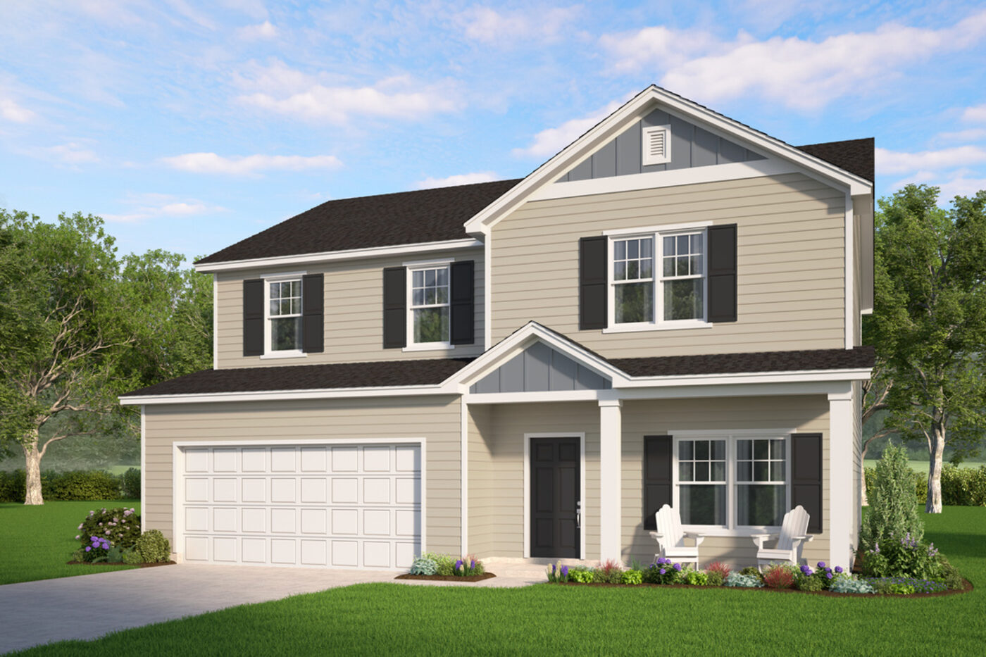 The Birch Plan elevation rendering &mdash; a two-story Smith Family Homes house with 5 bedrooms, a covered entry and an attached two-car garage