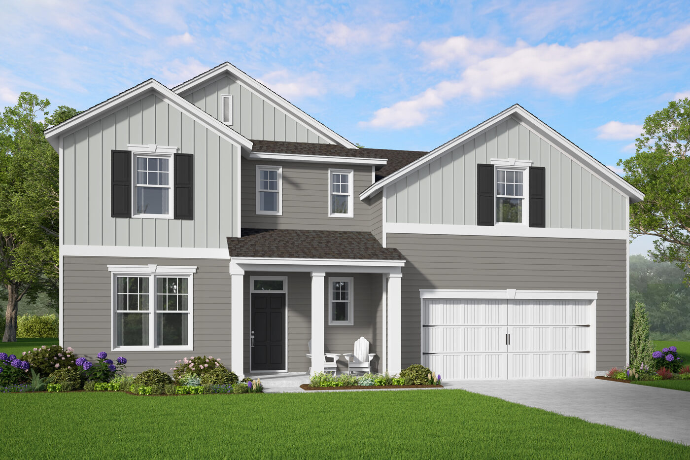 The Brookhaven Plan elevation rendering &mdash; a two-story Smith Family Homes house with 5 bedrooms, a covered entry and an attached two-car garage