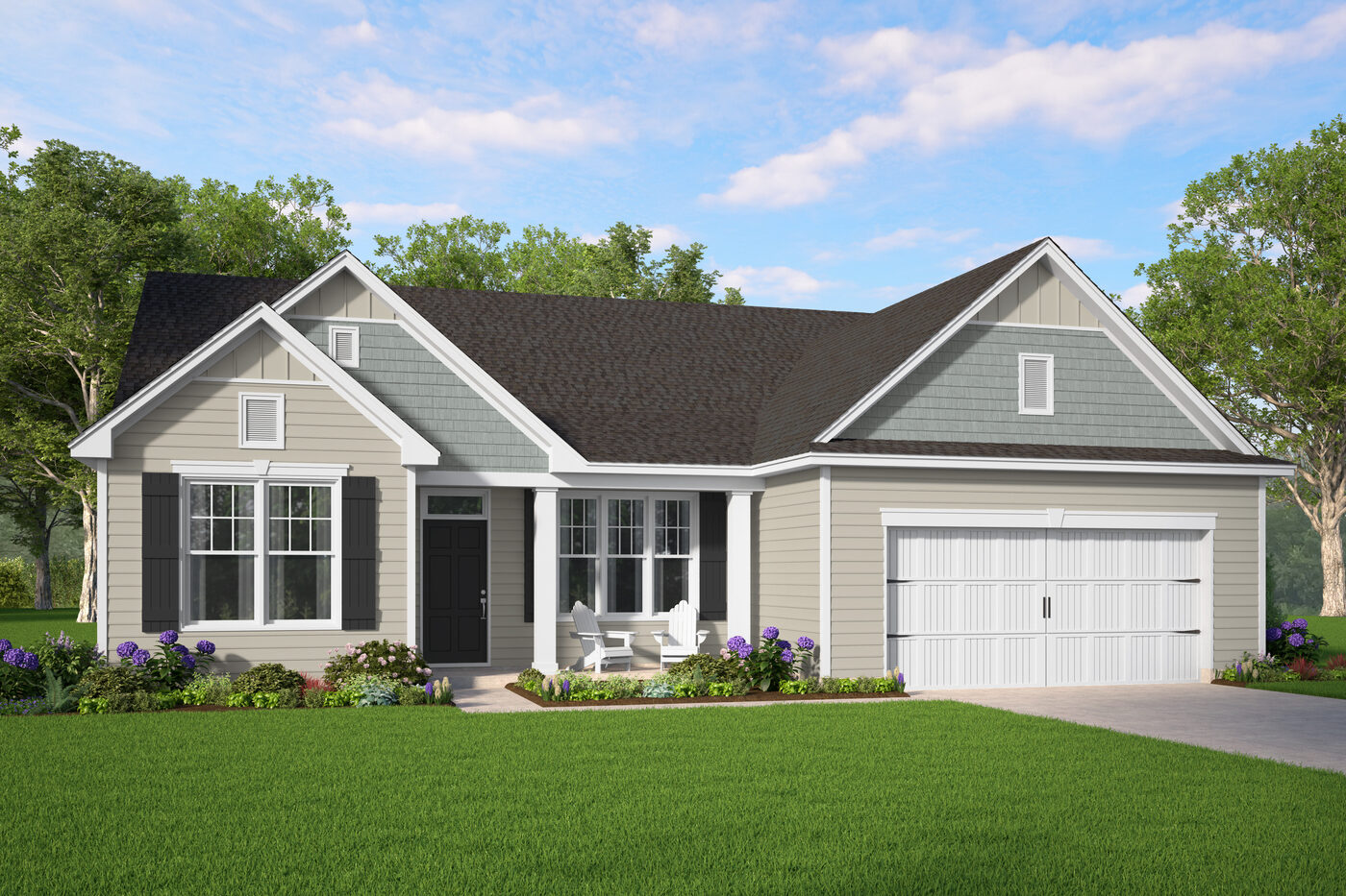The Camilla Plan elevation rendering &mdash; a single-story Smith Family Homes house with 4 bedrooms, a covered entry and an attached two-car garage