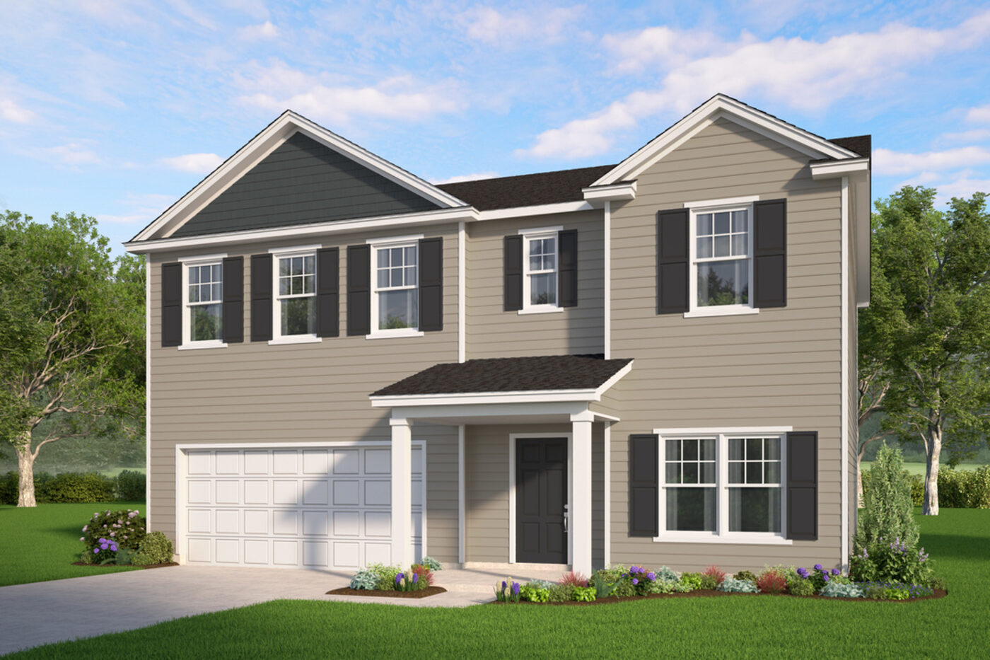 The Cypress Plan elevation rendering &mdash; a two-story Smith Family Homes house with 4 bedrooms, a covered entry and an attached two-car garage