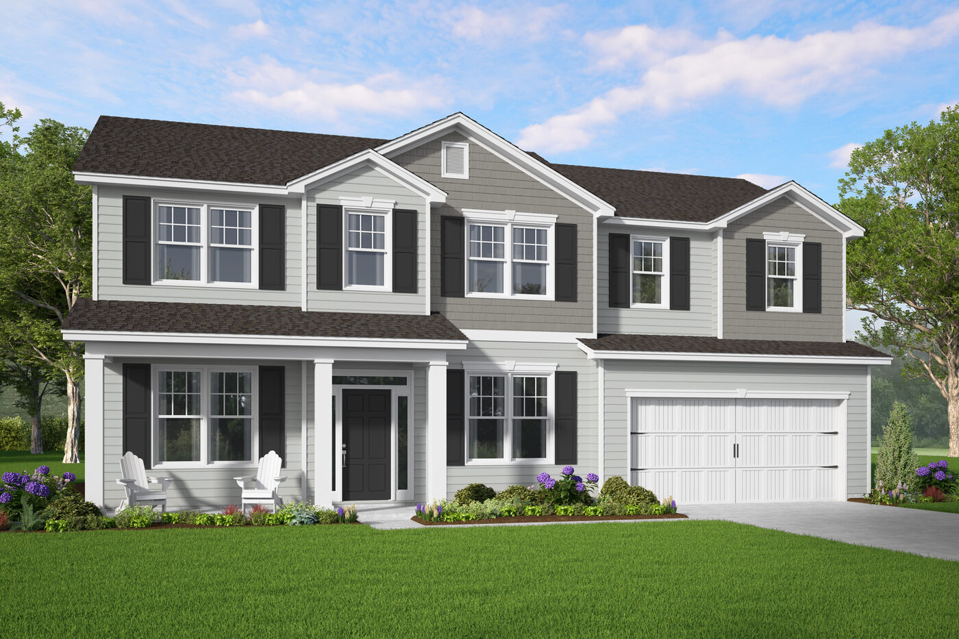 The Dalton Plan elevation rendering &mdash; a two-story Smith Family Homes house with 4 bedrooms, a covered entry and an attached two-car garage