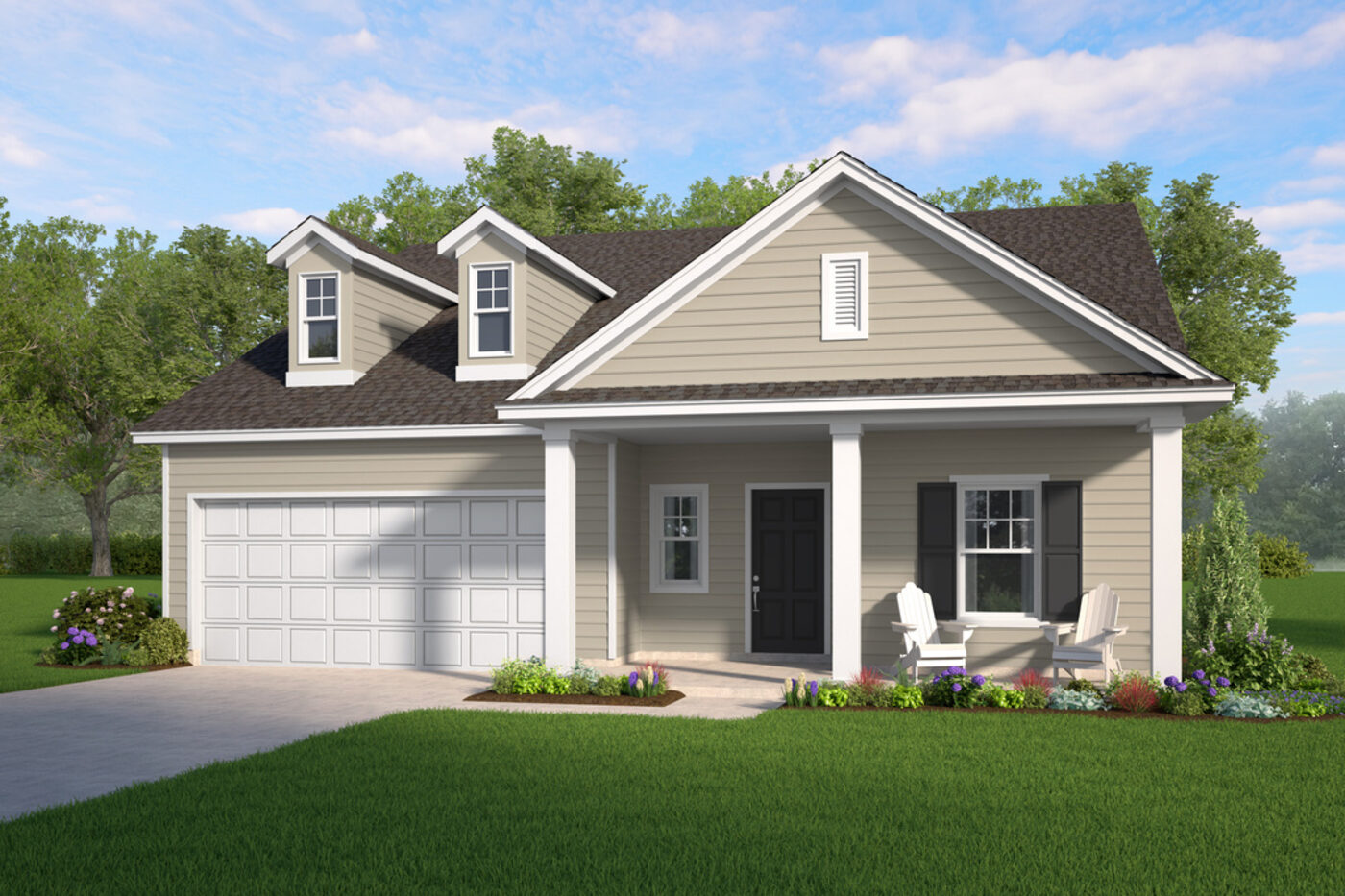 The Dogwood Plan elevation rendering &mdash; a two-story Smith Family Homes house with 4 bedrooms, a covered entry and an attached two-car garage