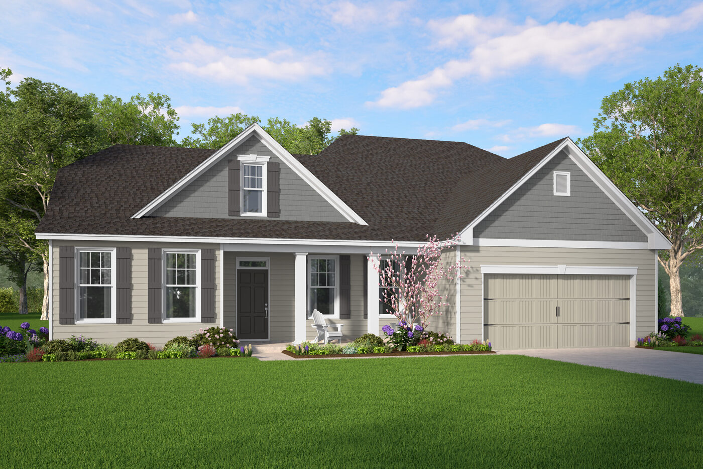 The Grayson Plan elevation rendering &mdash; a two-story Smith Family Homes house with 4 bedrooms, a covered entry and an attached two-car garage