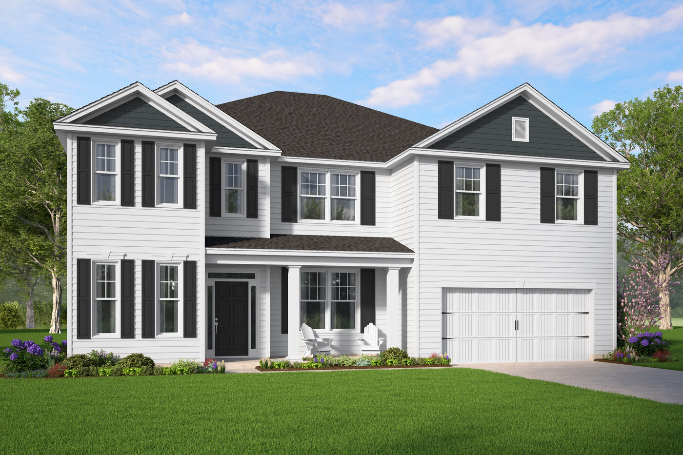 The Gwinnett Plan elevation rendering — a two-story Smith Family Homes house with 5 bedrooms, a covered entry and an attached two-car garage