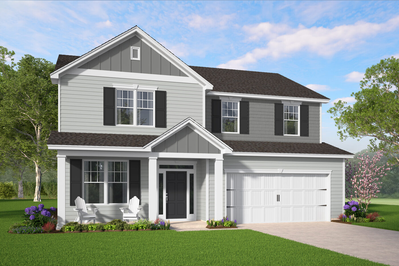 The Hatteras Plan elevation rendering &mdash; a two-story Smith Family Homes house with 5 bedrooms, a covered entry and an attached two-car garage