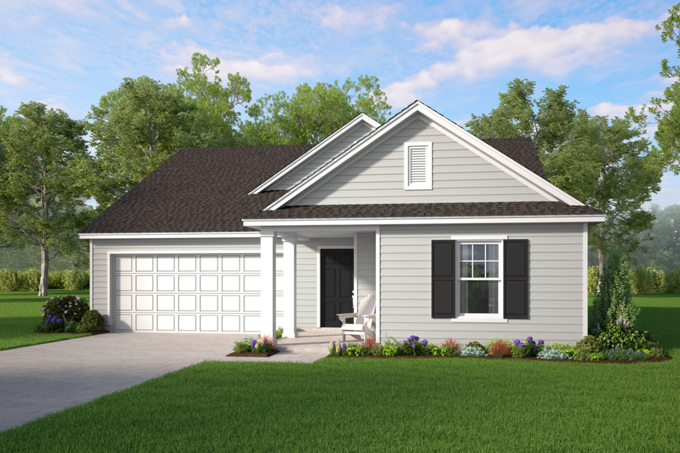 The Holly Plan elevation rendering — a single-story Smith Family Homes house with 3 bedrooms, a covered entry and an attached two-car garage