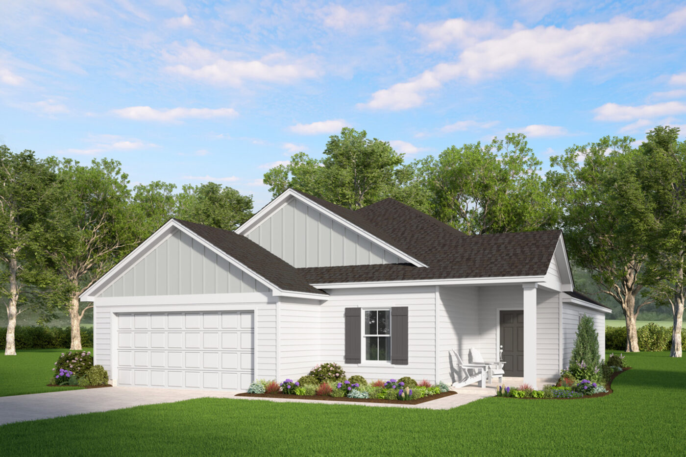 The Loblolly Plan elevation rendering &mdash; a single-story Smith Family Homes house with 4 bedrooms, a covered entry and an attached two-car garage