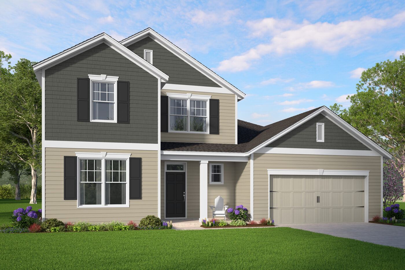 The Roswell Plan elevation rendering &mdash; a two-story Smith Family Homes house with 5 bedrooms, a covered entry and an attached two-car garage