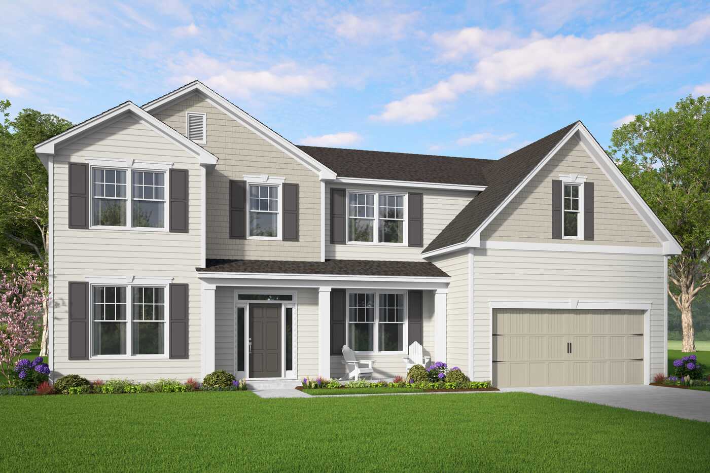The Savannah Plan elevation rendering — a two-story Smith Family Homes house with 4 bedrooms, a covered entry and an attached two-car garage