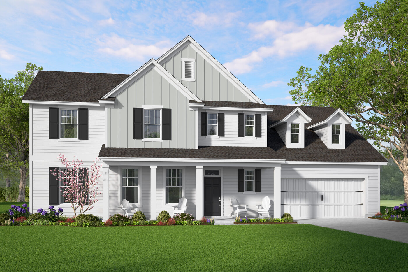 The Wilmington Plan elevation rendering &mdash; a two-story Smith Family Homes house with 5 bedrooms, a covered entry and an attached two-car garage
